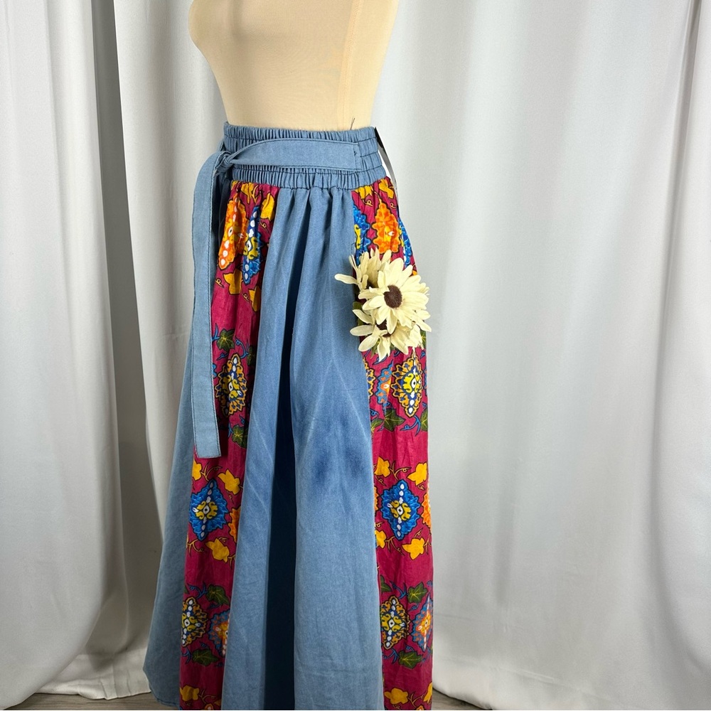 Boho Patchwork Denim Maxi Skirt Dashiki Tribal Print Elastic Waist One Size - Picture 3 of 10